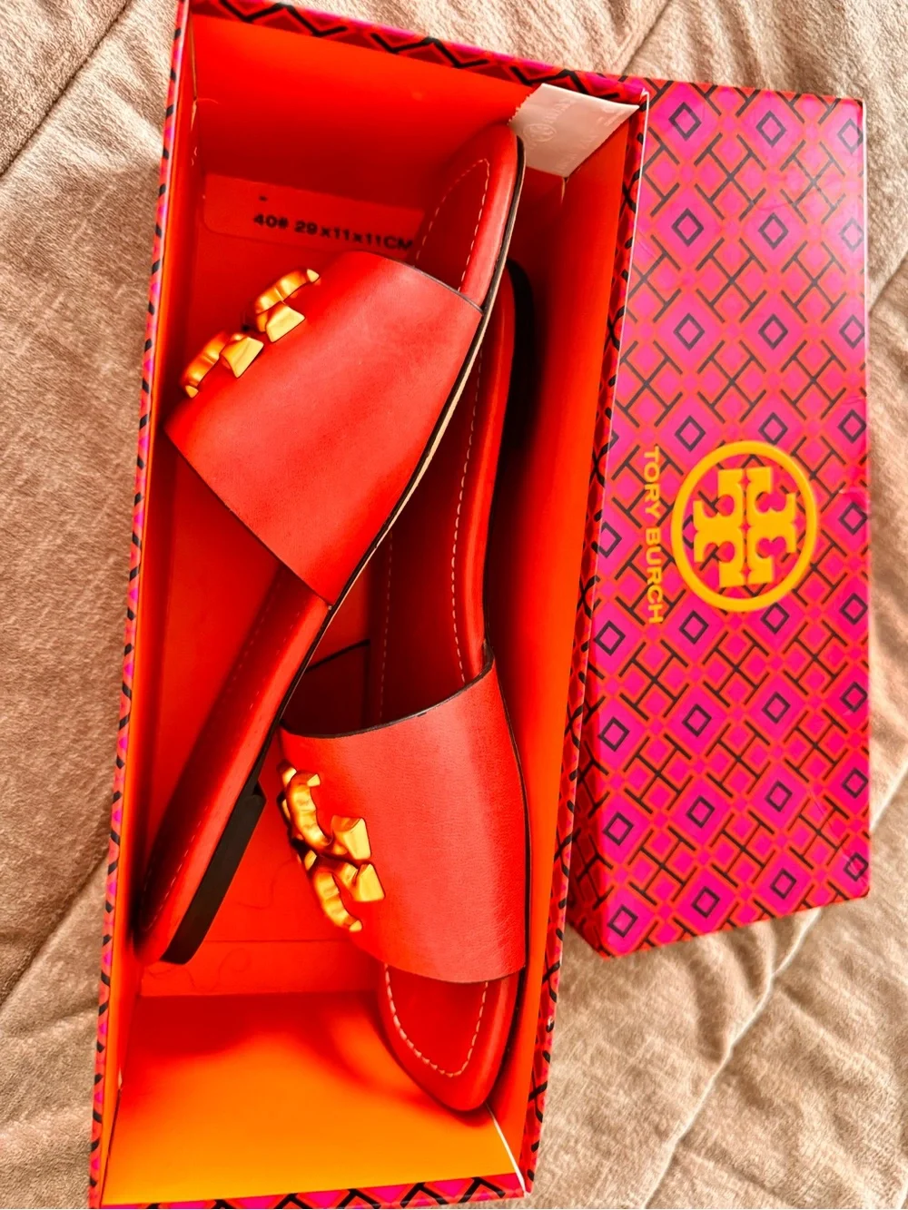 Tory Burch Red Leather Slide Sandals with Gold Logo